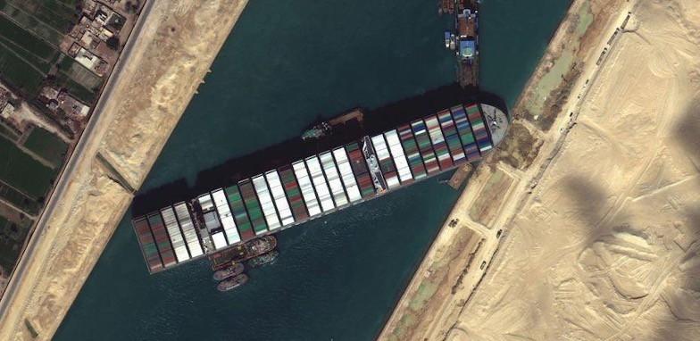 Overhead shot of tanker ship grounded in Suez Canal