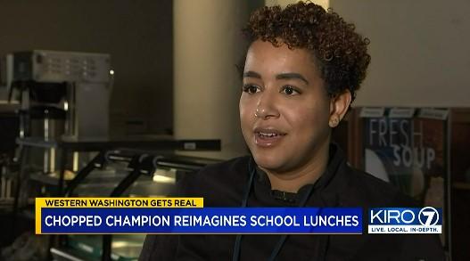 Image of Chef Emme Collins being interviewed on Kiro 7 News about SPS lunch program. 
